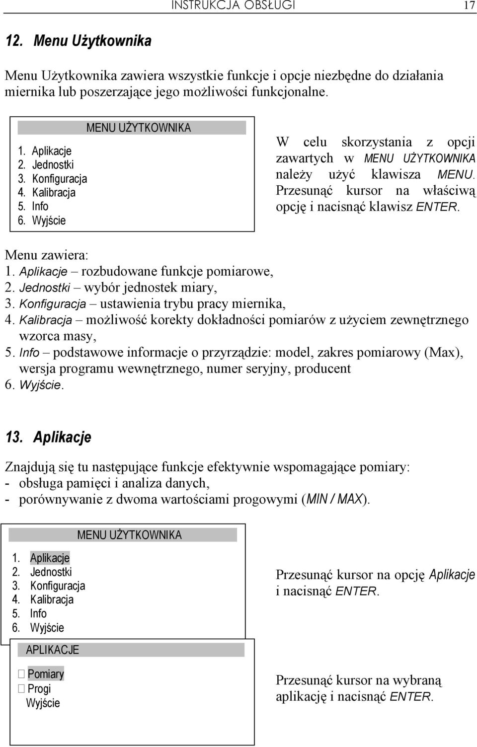 Aplikacje rozbudowane funkcje pomiarowe, 2. Jednostki wybór jednostek miary, 3. Konfiguracja ustawienia trybu pracy miernika, 4.