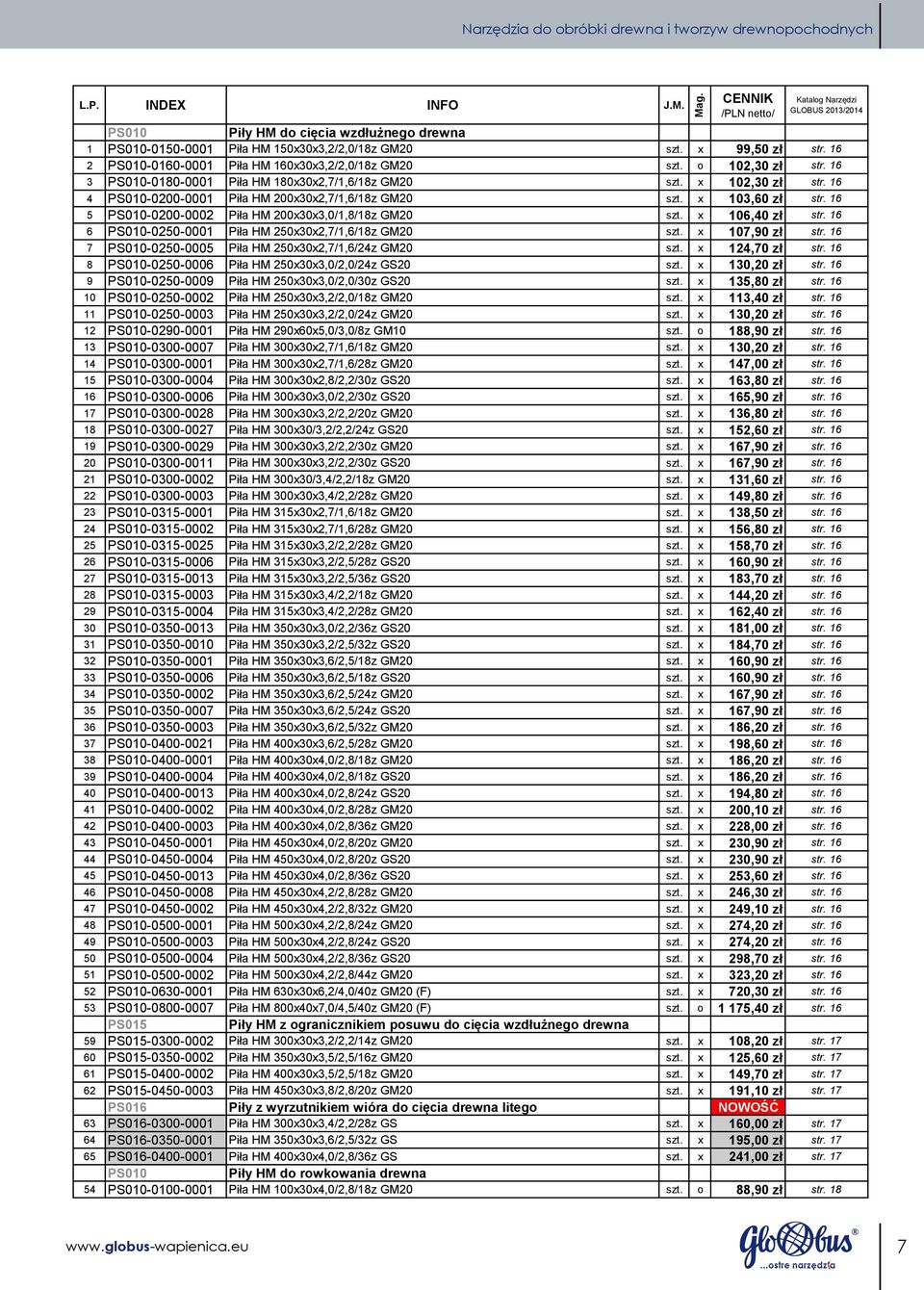 16 4 PS010-0200-0001 Piła HM 200x30x2,7/1,6/18z GM20 szt. x 103,60 zł str. 16 5 PS010-0200-0002 Piła HM 200x30x3,0/1,8/18z GM20 szt. x 106,40 zł str.