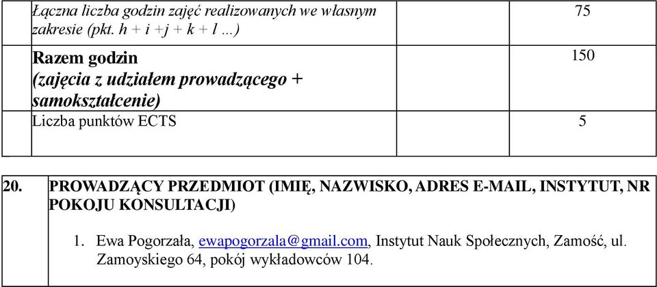 punktów ECTS 5 75 150 20.