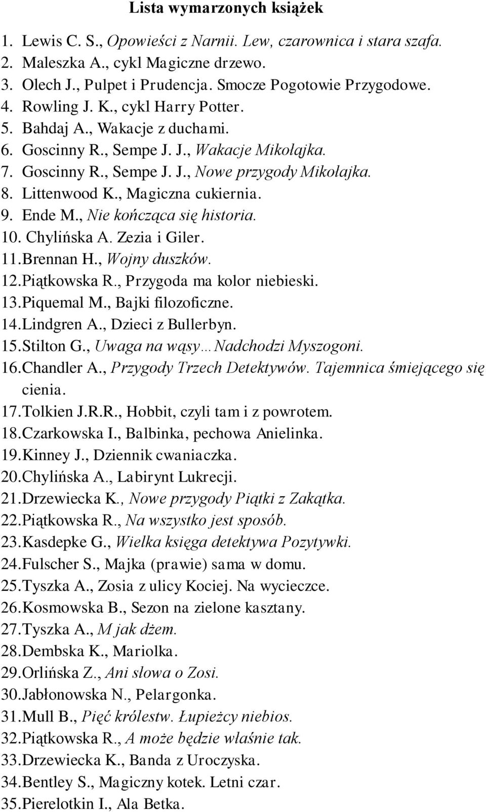 , Magiczna cukiernia. 9. Ende M., Nie kończąca się historia. 10. Chylińska A. Zezia i Giler. 11. Brennan H., Wojny duszków. 12. Piątkowska R., Przygoda ma kolor niebieski. 13. Piquemal M.