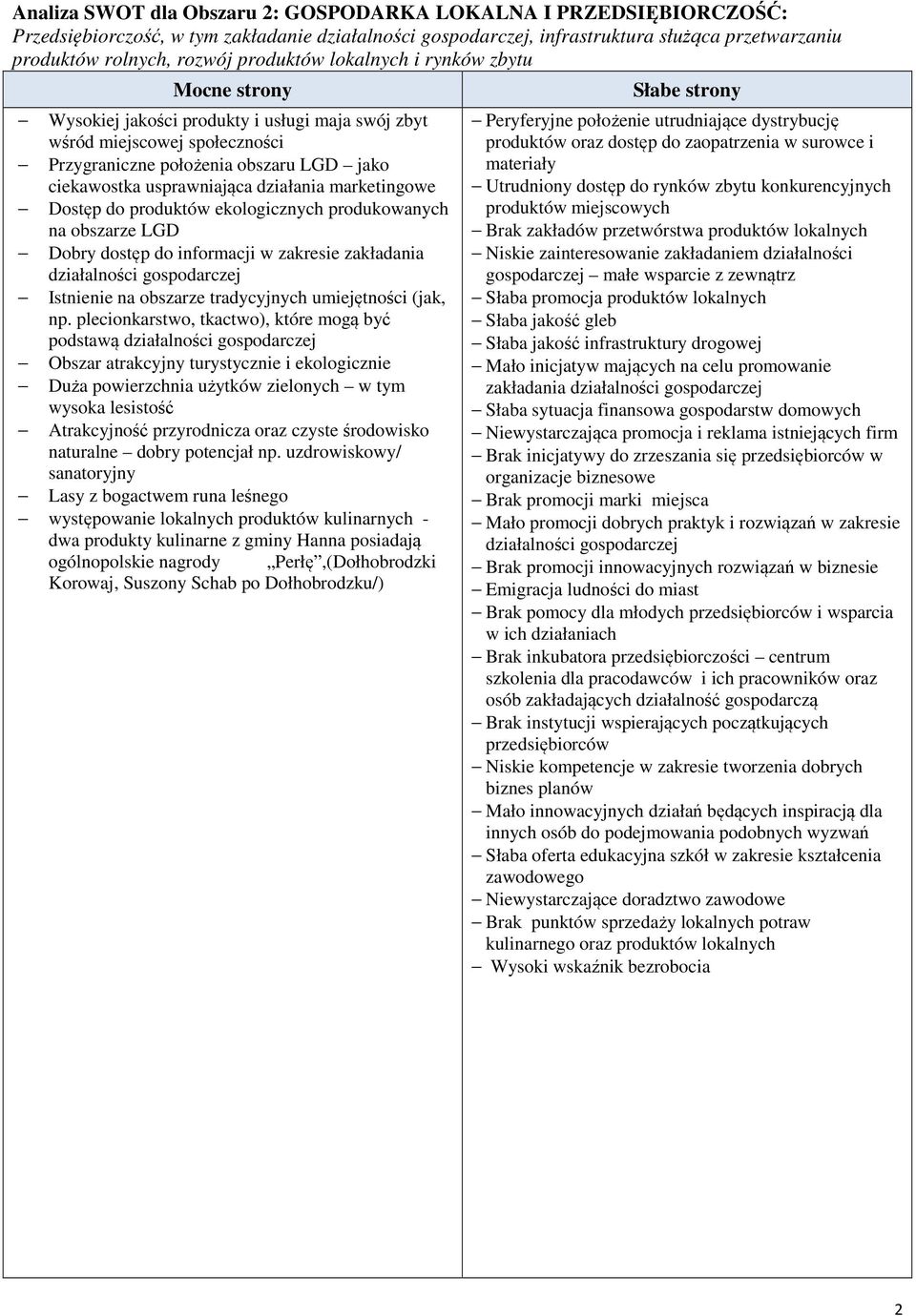 marketingowe Dostęp do produktów ekologicznych produkowanych na obszarze LGD Dobry dostęp do informacji w zakresie zakładania działalności gospodarczej Istnienie na obszarze tradycyjnych umiejętności