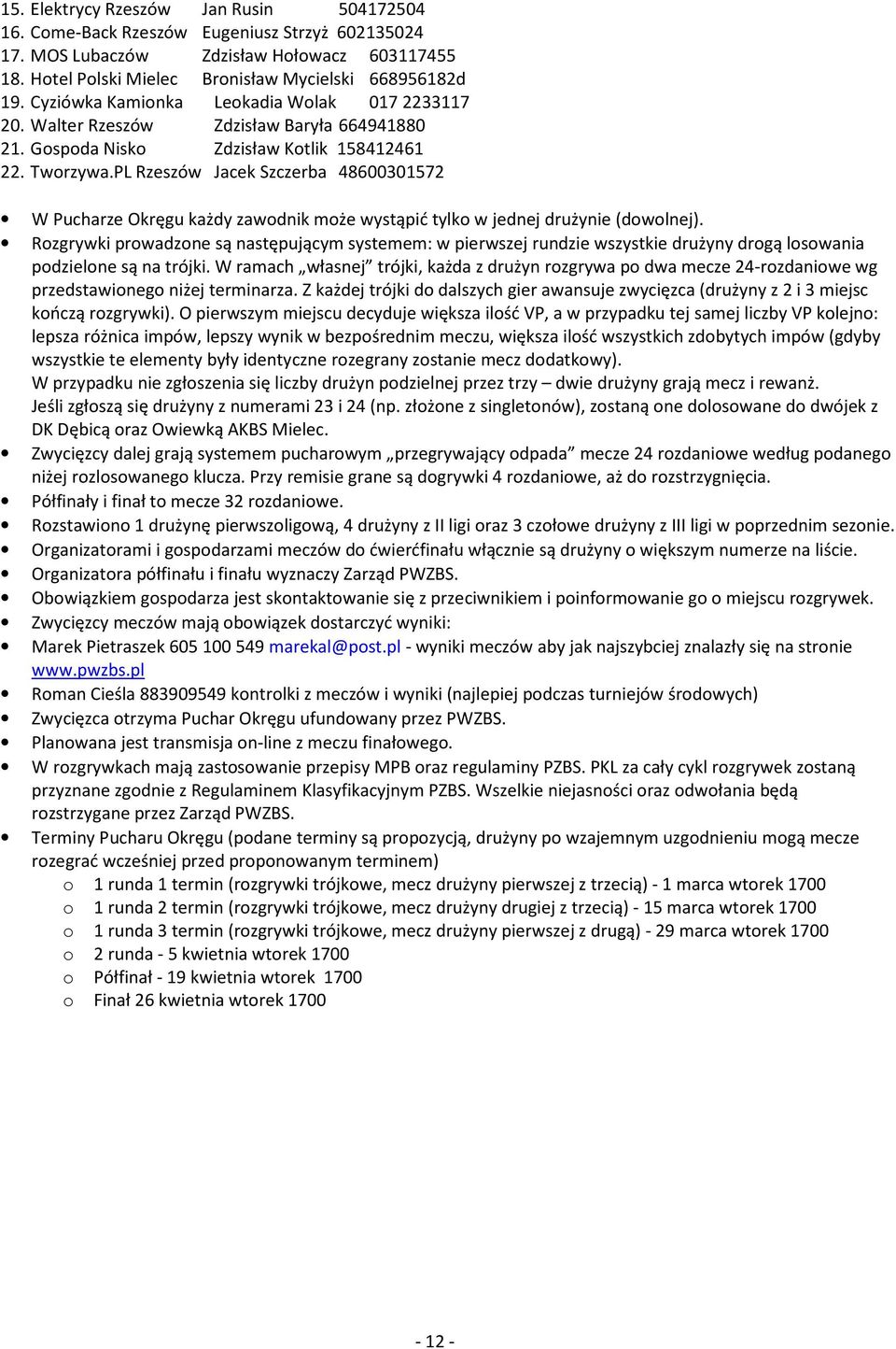 PL Rzeszów Jacek Szczerba 48600057 W Pucharze Okręgu każdy zawodnik może wystąpić tylko w jednej drużynie (dowolnej).