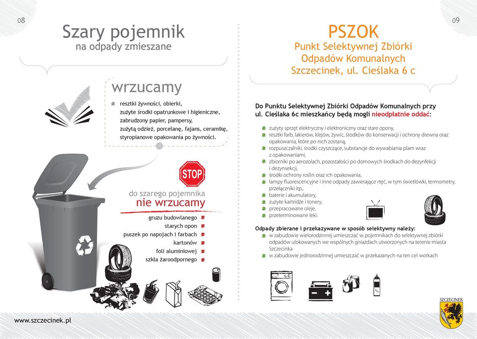 do szarego pojemnika gruzu budowlanego starych opon puszek po napojach i farbach kartonów foli aluminiowej szkła żaroodpornego Do Punktu Selektywnej Zbiórki Odpadów Komunalnych przy ul.