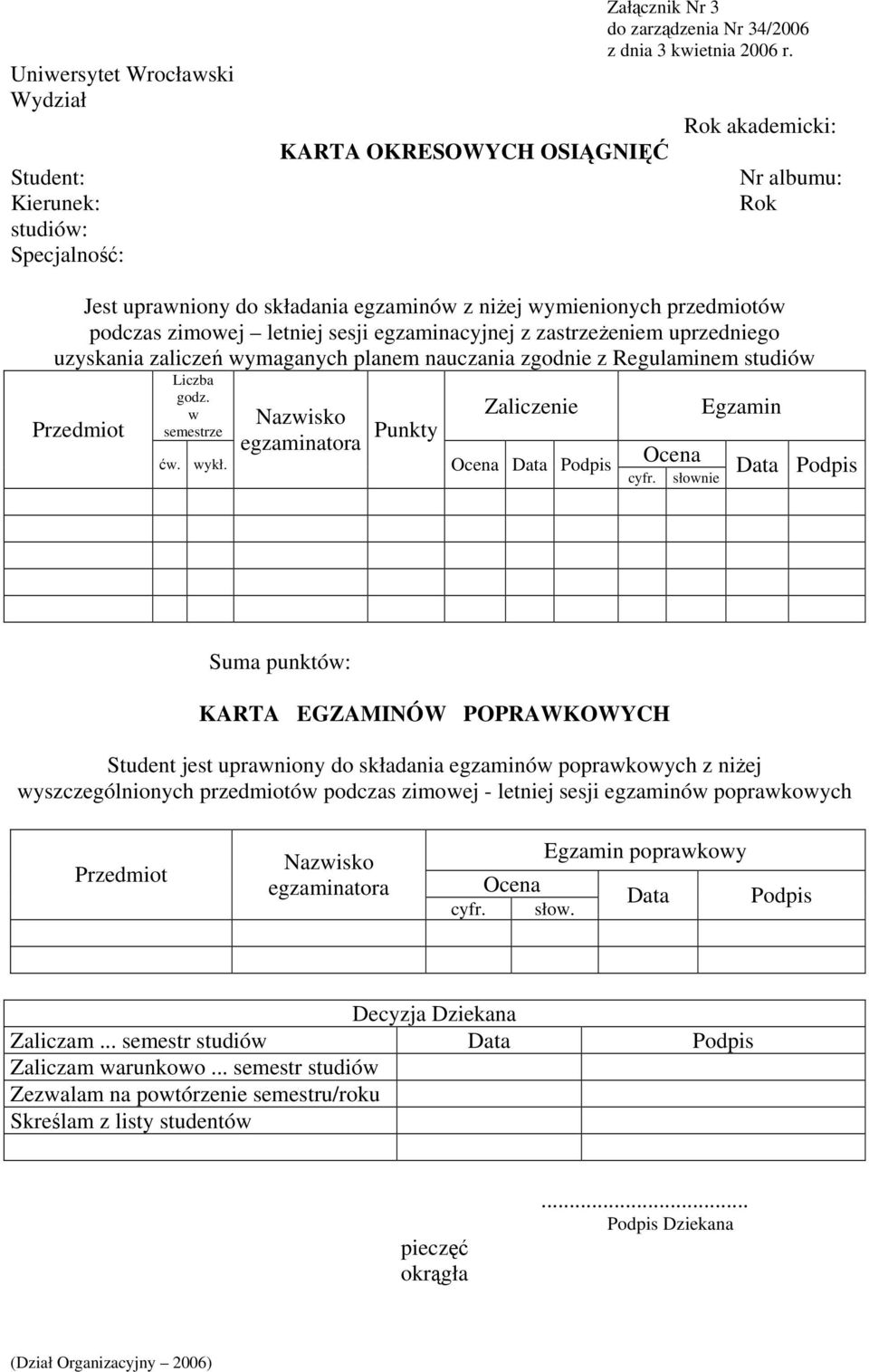 wymaganych planem nauczania zgodnie z Regulaminem studiów Liczba Zaliczenie Egzamin Przedmiot godz. w semestrze ćw. wykł. Nazwisko egzaminatora Punkty Ocena Data Podpis cyfr.