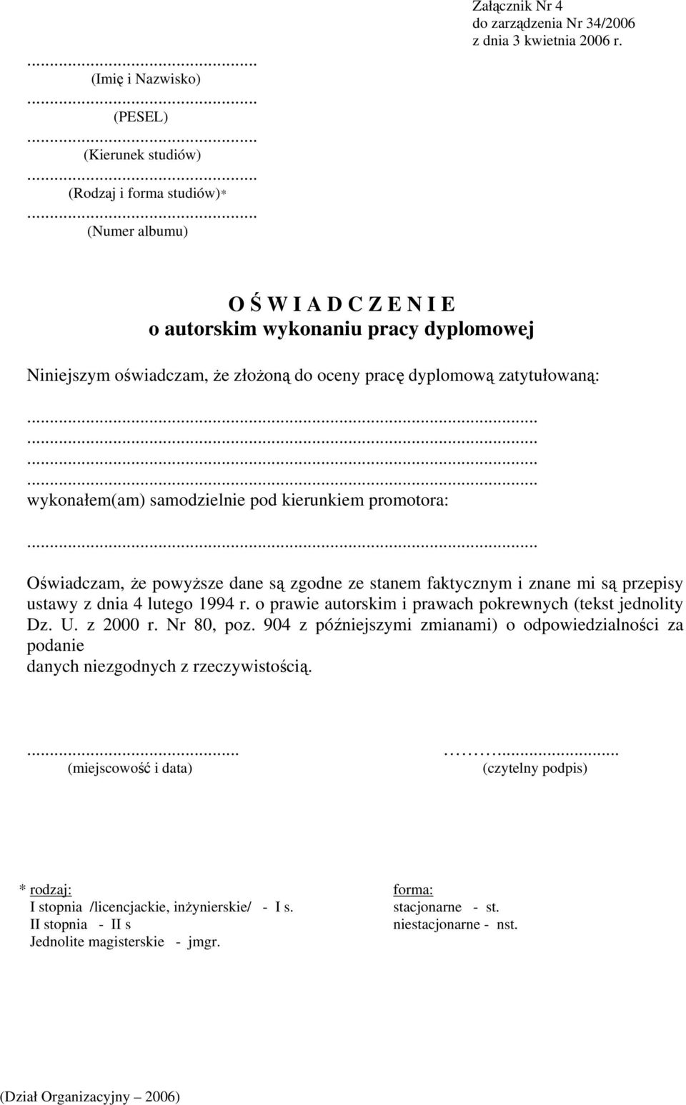 .. Oświadczam, że powyższe dane są zgodne ze stanem faktycznym i znane mi są przepisy ustawy z dnia 4 lutego 1994 r. o prawie autorskim i prawach pokrewnych (tekst jednolity Dz. U. z 2000 r.