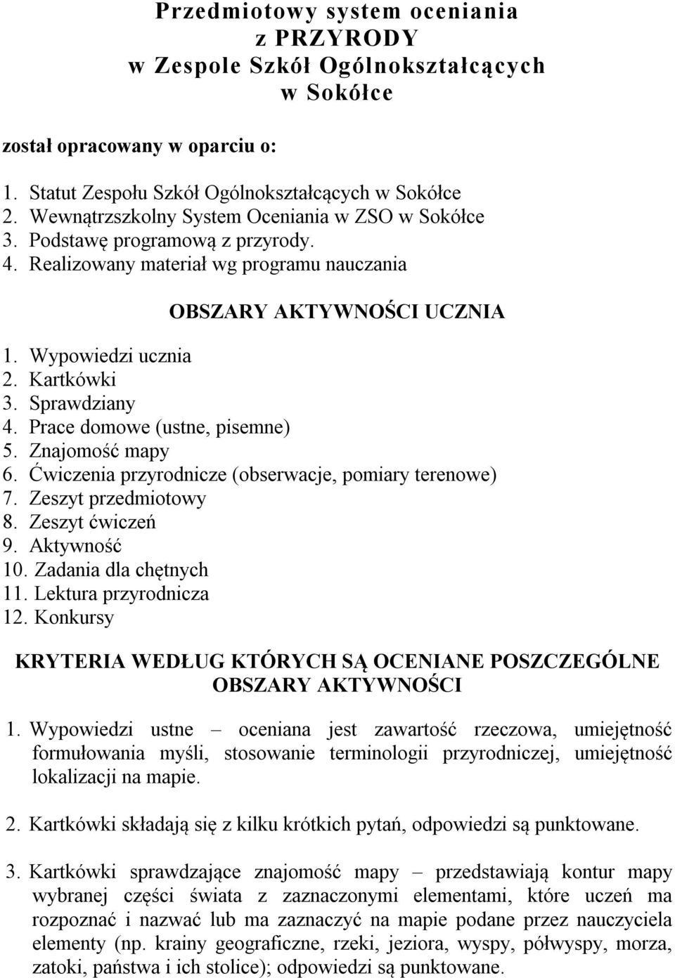 Sprawdziany 4. Prace domowe (ustne, pisemne) 5. Znajomość mapy 6. Ćwiczenia przyrodnicze (obserwacje, pomiary terenowe) 7. Zeszyt przedmiotowy 8. Zeszyt ćwiczeń 9. Aktywność 10.