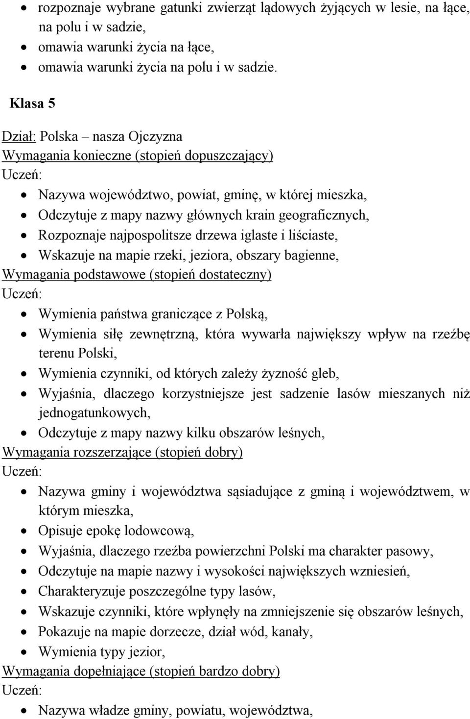 Wskazuje na mapie rzeki, jeziora, obszary bagienne, Wymienia państwa graniczące z Polską, Wymienia siłę zewnętrzną, która wywarła największy wpływ na rzeźbę terenu Polski, Wymienia czynniki, od