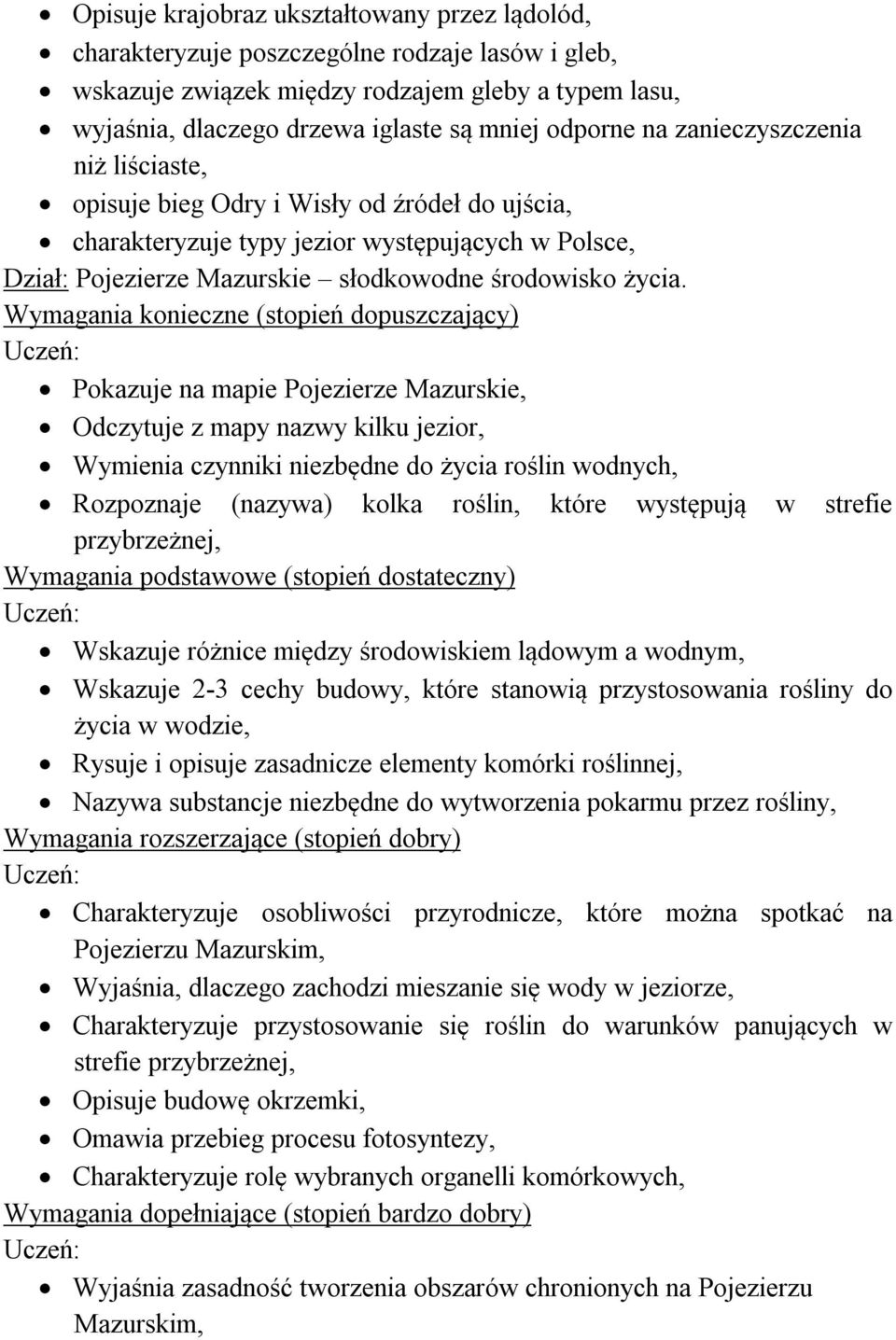 Pokazuje na mapie Pojezierze Mazurskie, Odczytuje z mapy nazwy kilku jezior, Wymienia czynniki niezbędne do życia roślin wodnych, Rozpoznaje (nazywa) kolka roślin, które występują w strefie