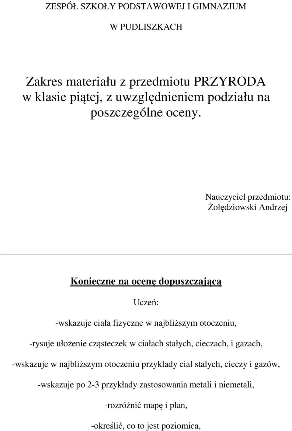 Nauczyciel przedmiotu: Żołędziowski Andrzej Konieczne na ocenę dopuszczającą Uczeń: -wskazuje ciała fizyczne w najbliższym otoczeniu,