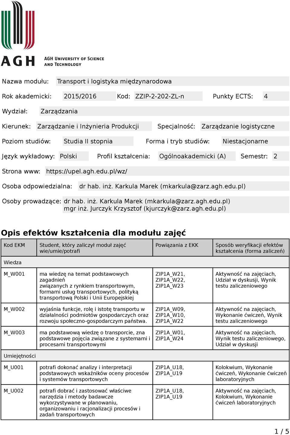 edu.pl/wz/ Osoba odpowiedzialna: dr hab. inż. Karkula Marek (mkarkula@zarz.agh.edu.pl) Osoby prowadzące: dr hab. inż. Karkula Marek (mkarkula@zarz.agh.edu.pl) mgr inż.