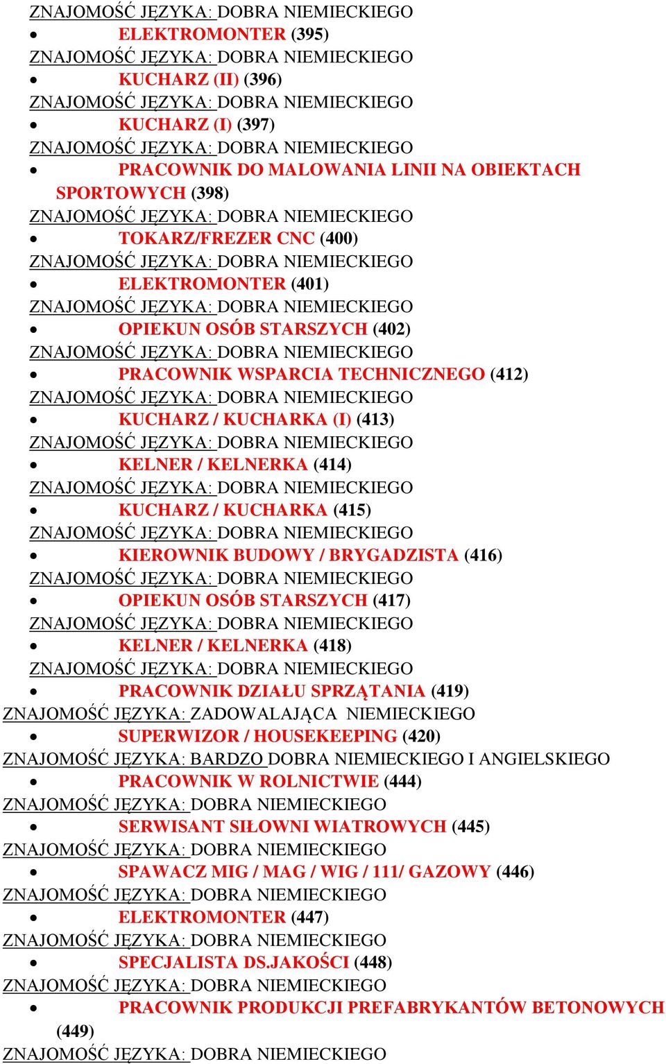 STARSZYCH (417) KELNER / KELNERKA (418) PRACOWNIK DZIAŁU SPRZĄTANIA (419) SUPERWIZOR / HOUSEKEEPING (420) ZNAJOMOŚĆ JĘZYKA: BARDZO DOBRA NIEMIECKIEGO I ANGIELSKIEGO PRACOWNIK W