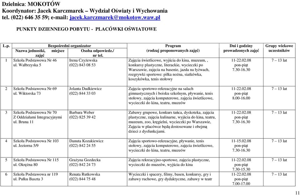 Wałbrzyska 5 (022) 843 08 53 Zajęcia świetlicowe, wyjścia do kina, muzeum,, konkursy plastyczne, literackie, wycieczki po Warszawie, zajęcia na basenie, jazda na łyŝwach, rozgrywki sportowe: piłka