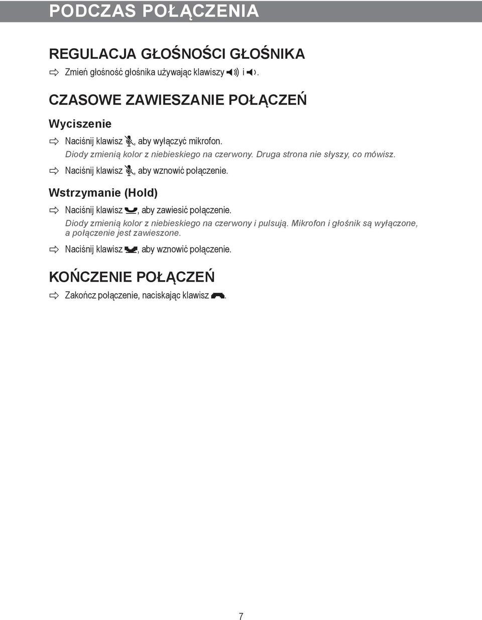 Druga strona nie słyszy, co mówisz. Naciśnij klawisz Wstrzymanie (Hold), aby wznowić połączenie. Naciśnij klawisz, aby zawiesić połączenie.