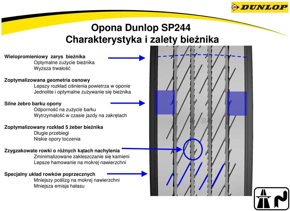 jazdy na zakrętach Zoptymalizowany rozkład 5 żeber bieżnika Długie przebiegi Niskie opory toczenia Zzygzakowate rowki o różnych kątach nachylenia Zminimalizowane