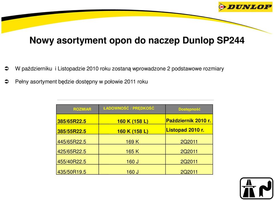ŁADOWNOŚĆ / PRĘDKOŚĆ Dostępność 385/65R22.5 160 K (158 L) Październik 2010 r. 385/55R22.