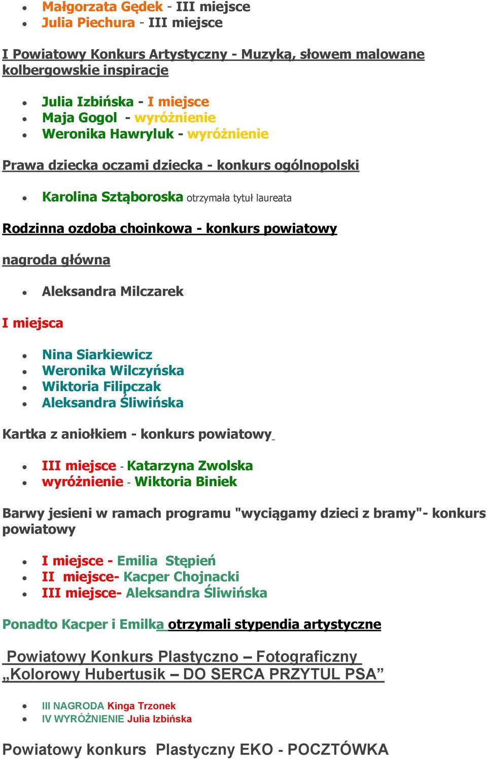 Aleksandra Milczarek I miejsca Nina Siarkiewicz Weronika Wilczyńska Wiktoria Filipczak Aleksandra Śliwińska Kartka z aniołkiem - konkurs powiatowy III miejsce - Katarzyna Zwolska wyróżnienie -