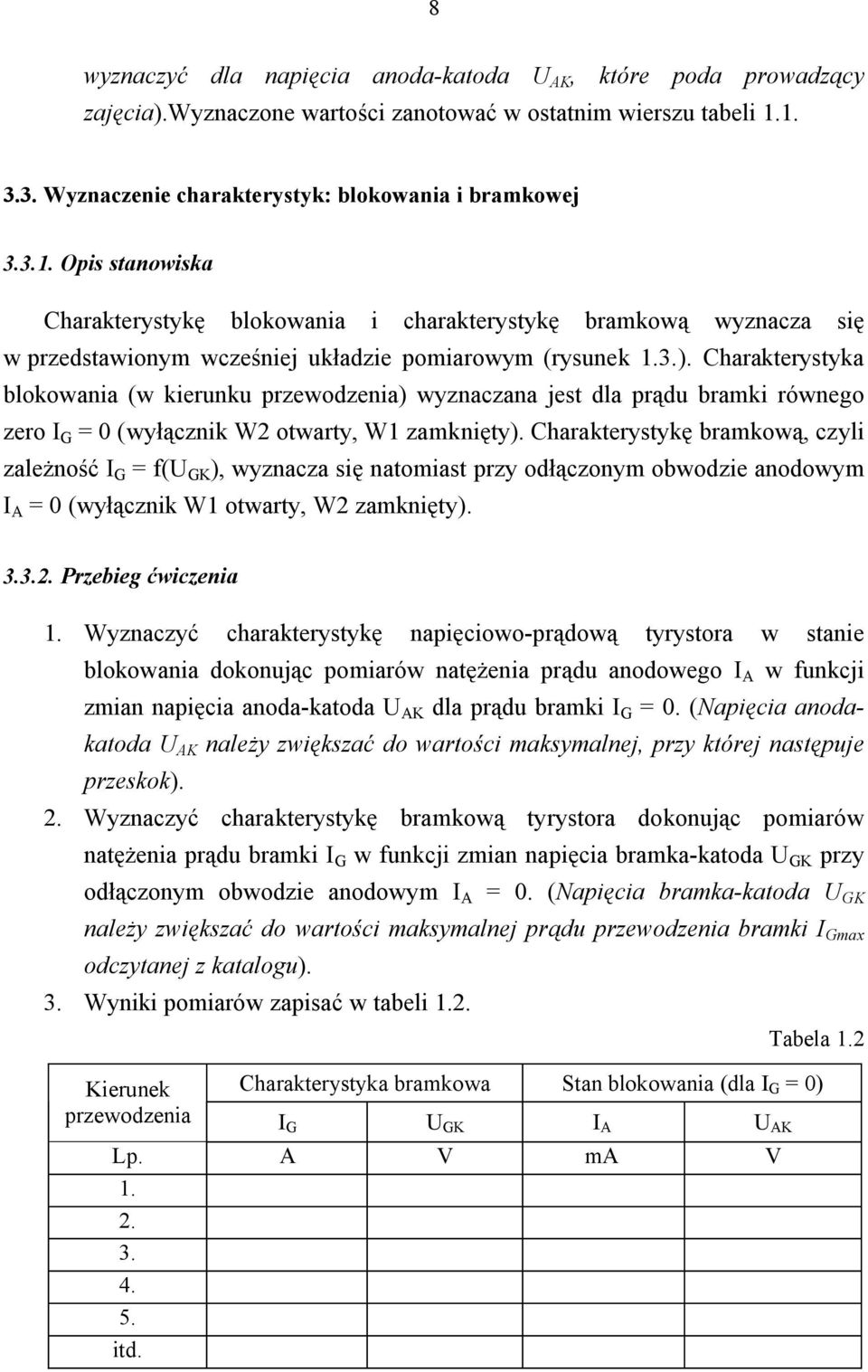 3.). Charakterystyka blokowania (w kierunku przewodzenia) wyznaczana jest dla prądu bramki równego zero I G = 0 (wyłącznik W2 otwarty, W1 zamknięty).