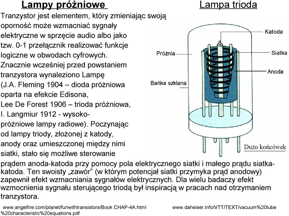 Fleming 1904 dioda próżniowa oparta na efekcie Edisona, Lee De Forest 1906 trioda próżniowa, I. Langmiur 1912 - wysokopróżniowe lampy radiowe).