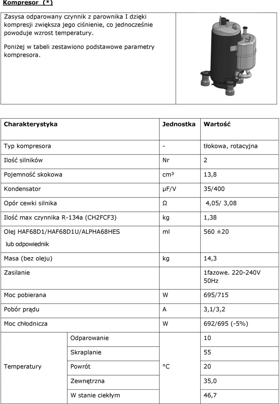 Charakterystyka Jednostka Wartość Typ kompresora - tłokowa, rotacyjna Ilość silników Nr 2 Pojemność skokowa cm³ 13,8 Kondensator µf/v 35/400 Opór cewki silnika Ω 4,05/ 3,08
