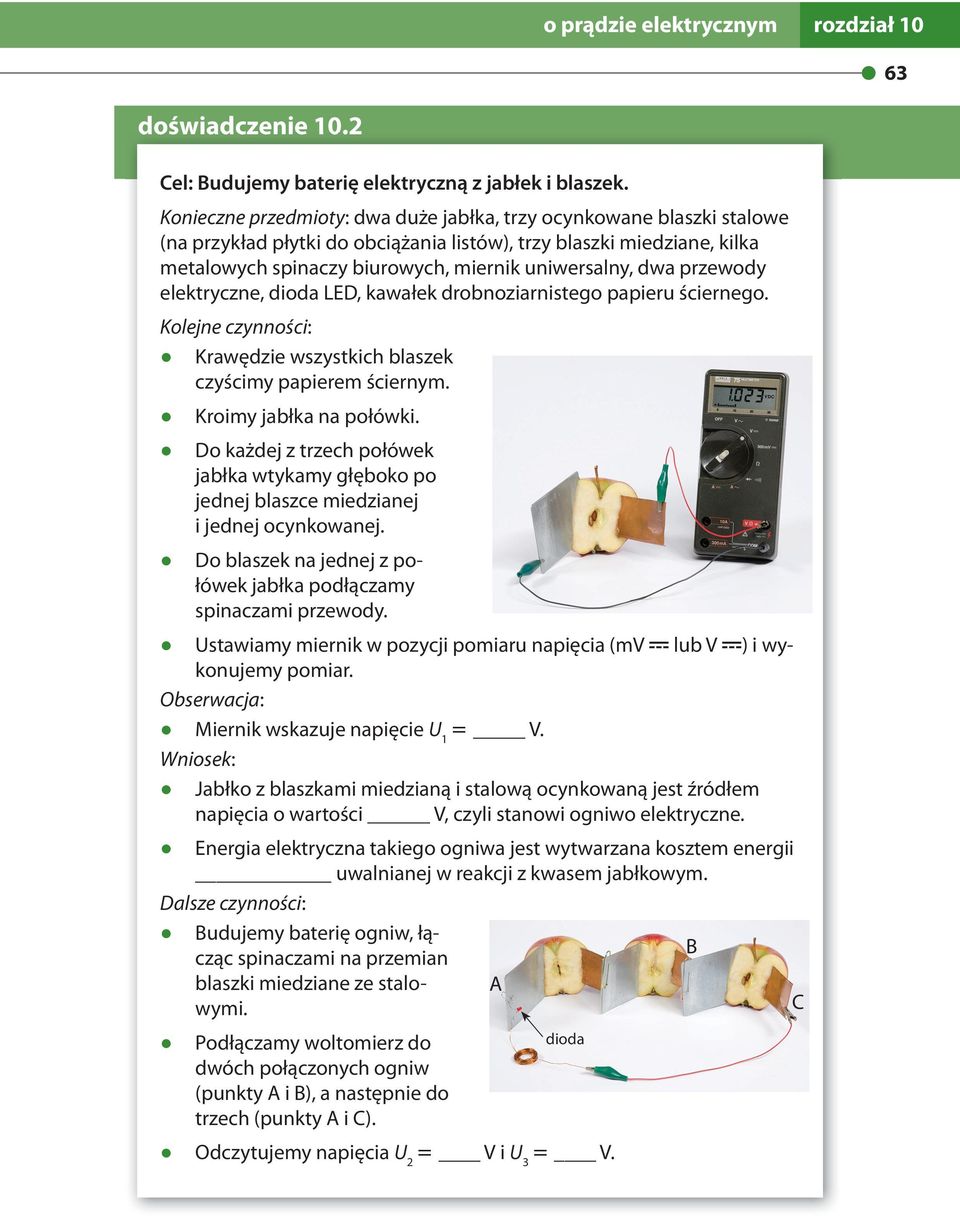 przewody elektryczne, dioda LED, kawałek drobnoziarnistego papieru ściernego. Kolejne czynności: Krawędzie wszystkich blaszek czyścimy papierem ściernym. Kroimy jabłka na połówki.