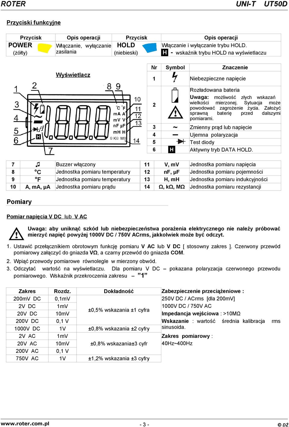 Sytuacja może powodować zagrożenie życia. Założyć sprawną baterię przed dalszymi pomiarami. 3 ~ Zmienny prąd lub napięcie 4 Ujemna polaryzacja 5 Test diody 6 H Aktywny tryb DATA HOLD.