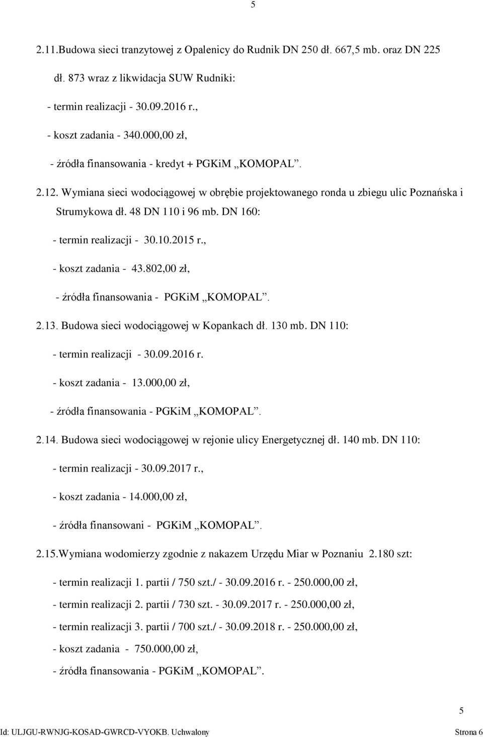 DN 160: - termin realizacji - 30.10.2015 r., - koszt zadania - 43.802,00 zł, 2.13. Budowa sieci wodociągowej w Kopankach dł. 130 mb. DN 110: - termin realizacji - 30.09.2016 r. - koszt zadania - 13.