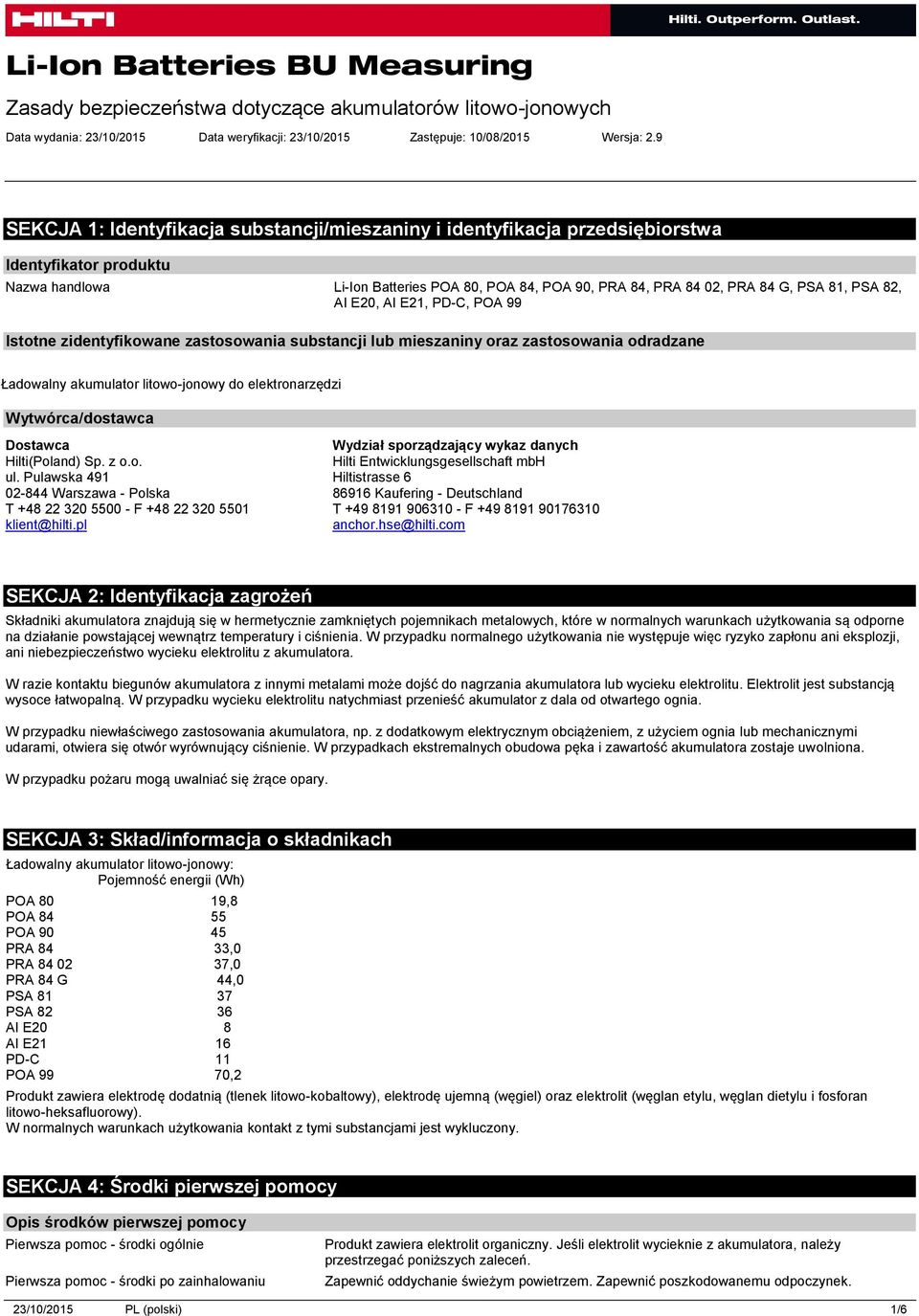 PSA 82, AI E20, AI E21, PD-C, POA 99 Istotne zidentyfikowane zastosowania substancji lub mieszaniny oraz zastosowania odradzane Ładowalny akumulator litowo-jonowy do elektronarzędzi Wytwórca/dostawca
