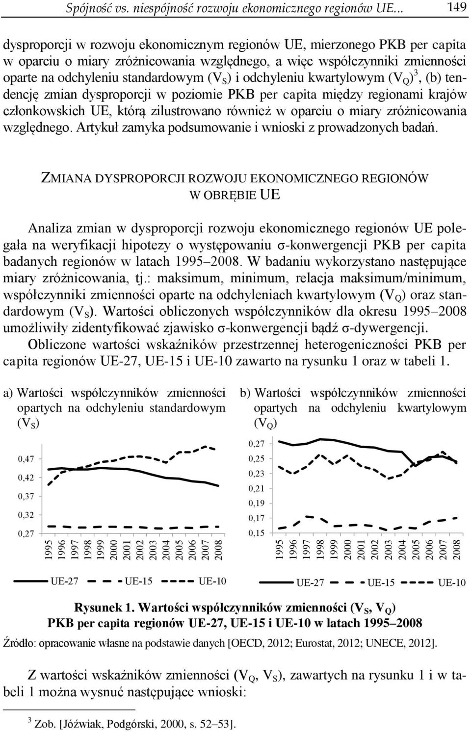 i odchyleniu kwartylowym (V Q ) 3, (b) tendencję zmian dysproporcji w poziomie PKB per capita między regionami krajów członkowskich UE, którą zilustrowano również w oparciu o miary zróżnicowania