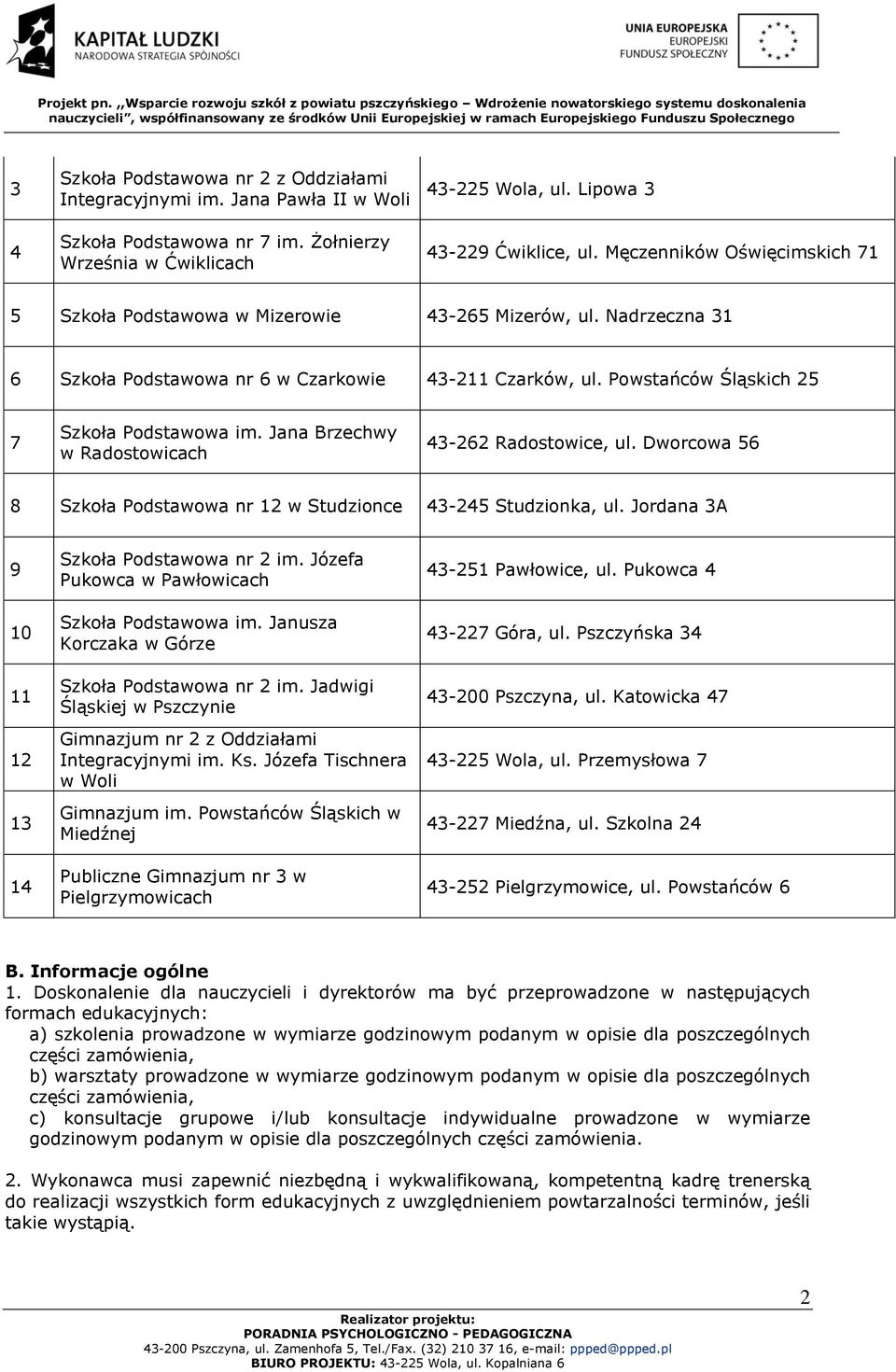 Jana Brzechwy w Radostowicach 43-262 Radostowice, ul. Dworcowa 56 8 Szkoła Podstawowa nr 12 w Studzionce 43-245 Studzionka, ul. Jordana 3A 9 10 11 12 13 14 Szkoła Podstawowa nr 2 im.