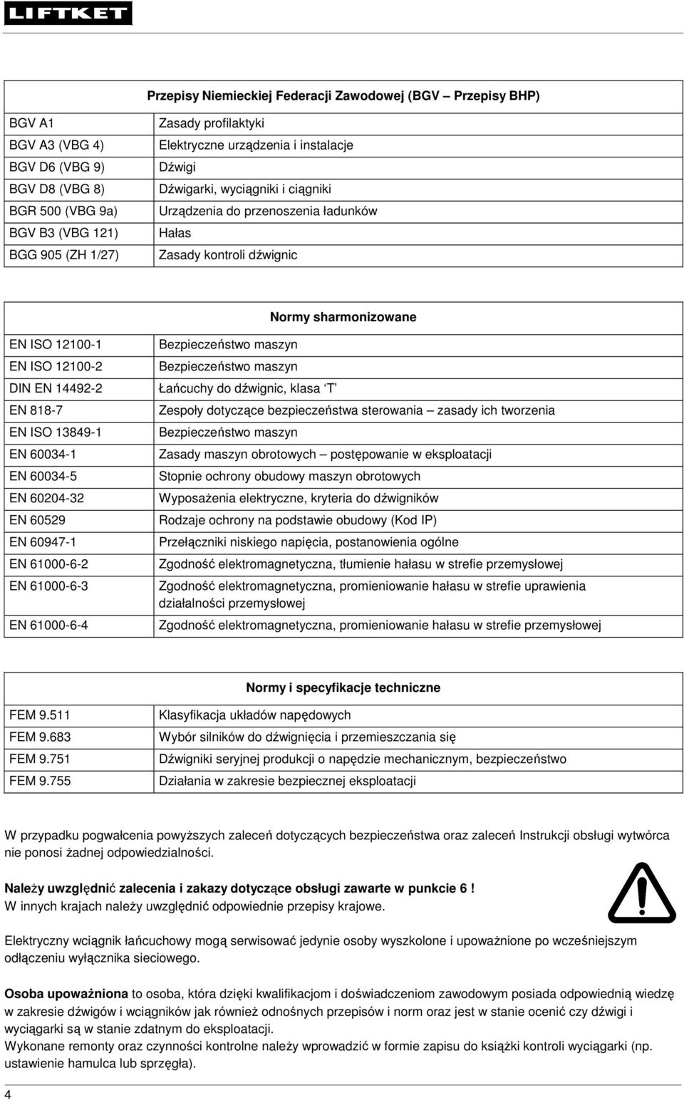 818-7 EN ISO 13849-1 EN 60034-1 EN 60034-5 EN 60204-32 EN 60529 EN 60947-1 EN 61000-6-2 EN 61000-6-3 EN 61000-6-4 Bezpieczeństwo maszyn Bezpieczeństwo maszyn Łańcuchy do dźwignic, klasa T Zespoły