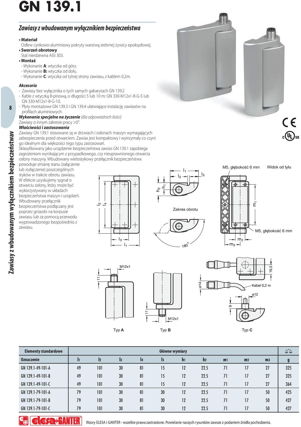 2 - Kable z wtyczką 8-pinową, o długości 5 lub 10 m: GN 330-M12x1-8-G-5 lub GN 330-M12x1-8-G-10. - Płyty montażowe GN 139.3 i GN 139.4 ułatwiające instalację zawiasów na profilach aluminiowych.