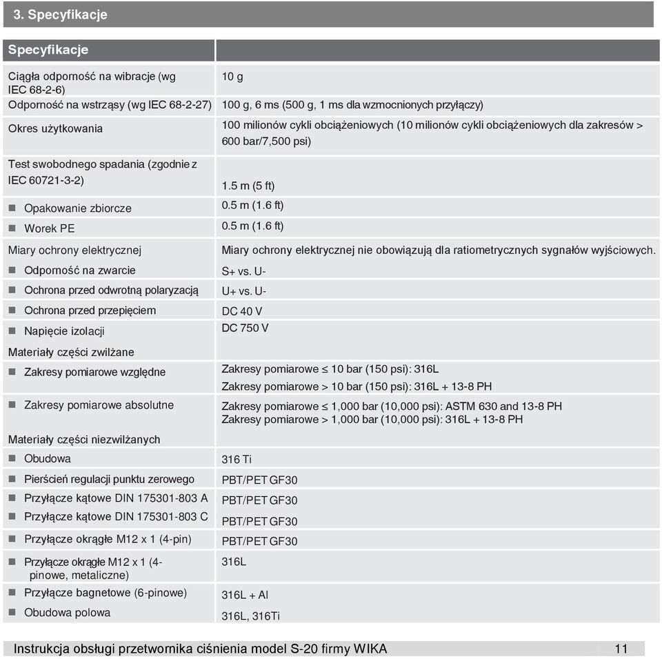elektrycznej Odporność na zwarcie 1.5 m (5 ft) 0.5 m (1.6 ft) 0.5 m (1.6 ft) Miary ochrony elektrycznej nie obowiązują dla ratiometrycznych sygnałów wyjściowych. S+ vs.