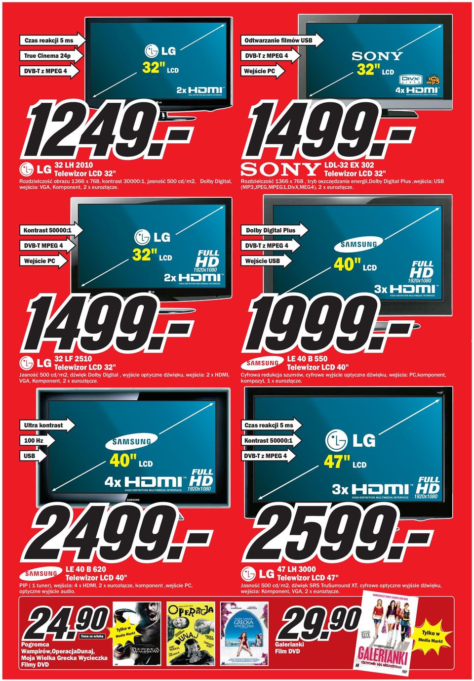 LDL-32 EX 302 Telewizor LCD 32" Rozdzielczość 1366 x 768, tryb oszczędzania energii,dolby Digital Plus,wejścia; USB (MP3,JPEG,MPEG1,DivX,MEG4), 2 x eurozłącze.