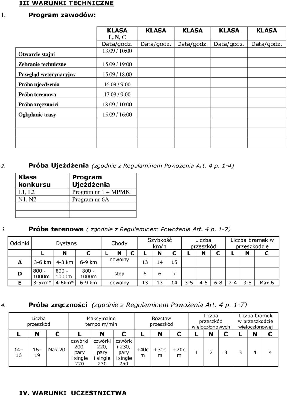 Próba Ujeżdżenia (zgodnie z Regulaine Powożenia Art. 4 p. 1-4) Klasa konkursu Progra Ujeżdżenia L1, L2 Progra nr 1 + MPMK N1, N2 Progra nr 6A 3. Próba terenowa ( zgodnie z Regulaine Powożenia Art.