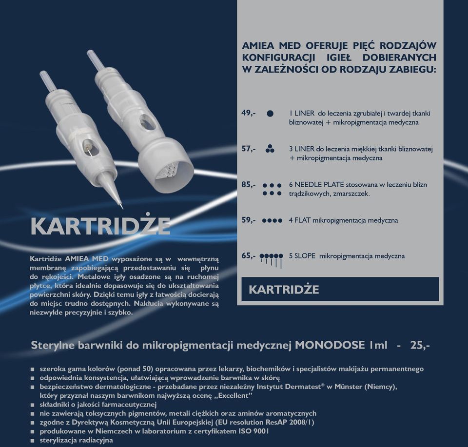 4 FLAT mikropigmentacja medyczna Kartridże AMIEA MED wyposażone są w wewnętrzną membranę zapobiegającą przedostawaniu się płynu do rękojeści.