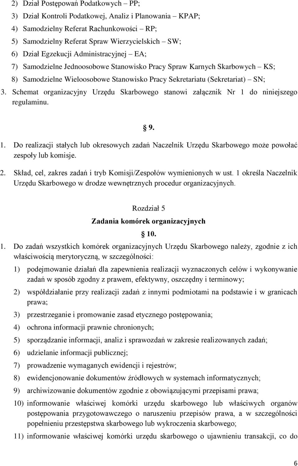 Schemat organizacyjny Urzędu Skarbowego stanowi załącznik Nr 1 do niniejszego regulaminu. 9. 1. Do realizacji stałych lub okresowych zadań Naczelnik Urzędu Skarbowego może powołać zespoły lub komisje.