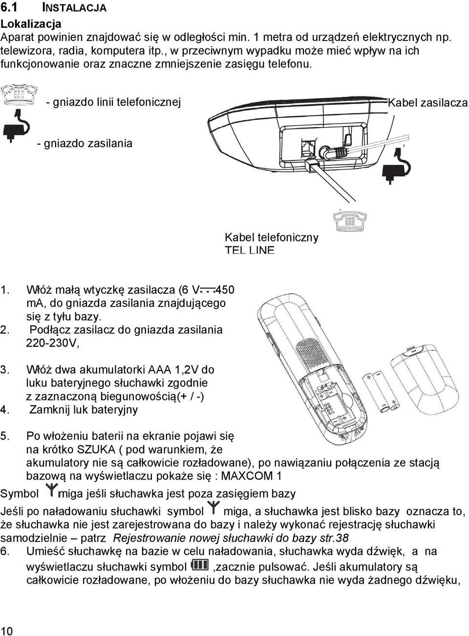 - gniazdo linii telefonicznej Kabel zasilacza - gniazdo zasilania Kabel telefoniczny TEL LINE 1. Włóż małą wtyczkę zasilacza (6 V 450 ma, do gniazda zasilania znajdującego się z tyłu bazy. 2.