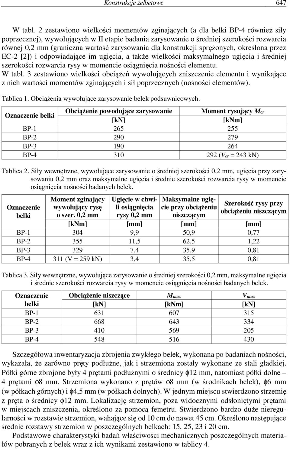 zarysowania dla konstrukcji sprężonych, określona przez EC-2 [2]) i odpowiadające im ugięcia, a także wielkości maksymalnego ugięcia i średniej szerokości rozwarcia rysy w momencie osiągnięcia