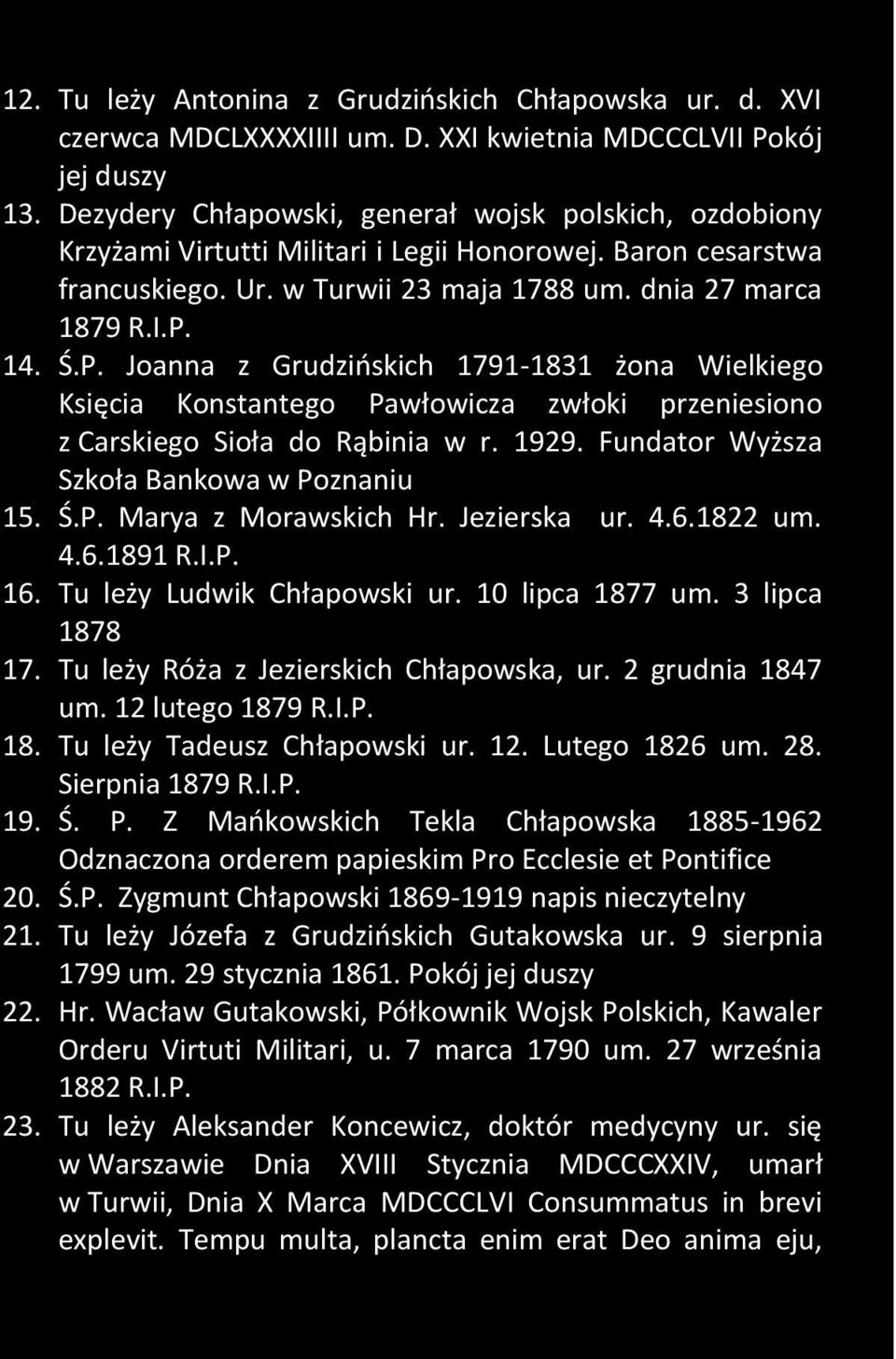 14. Ś.P. Joanna z Grudzińskich 1791-1831 żona Wielkiego Księcia Konstantego Pawłowicza zwłoki przeniesiono z Carskiego Sioła do Rąbinia w r. 1929. Fundator Wyższa Szkoła Bankowa w Poznaniu 15. Ś.P. Marya z Morawskich Hr.