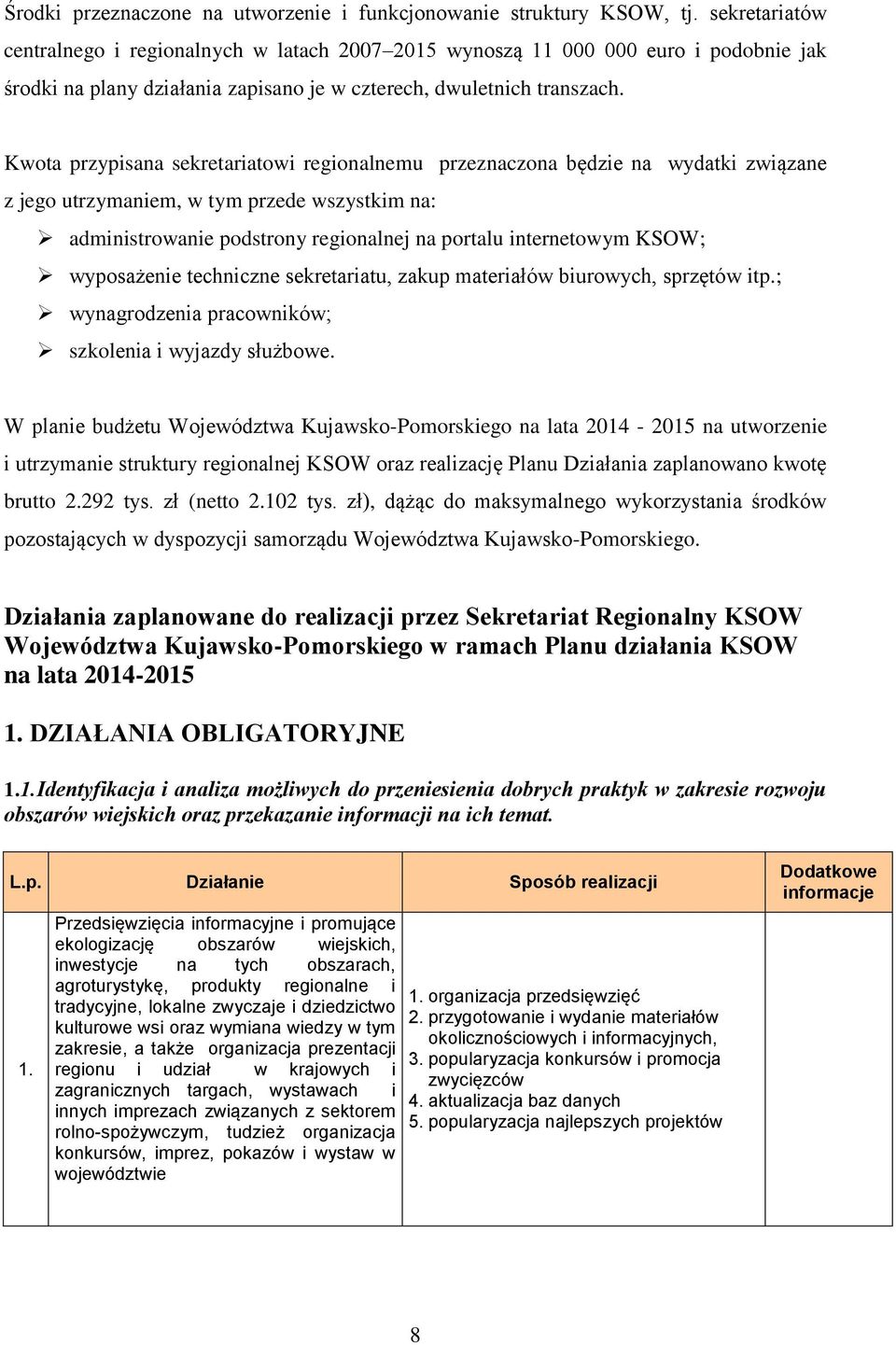 Kwota przypisana sekretariatowi regionalnemu przeznaczona będzie na wydatki związane z jego utrzymaniem, w tym przede wszystkim na: administrowanie podstrony regionalnej na portalu internetowym KSOW;