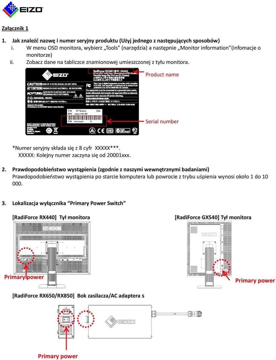 Product name Serial number *Numer seryjny składa się z 8 cyfr XXXXX***. XXXXX: Kolejny numer zaczyna się od 20