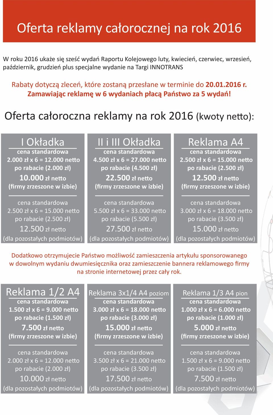 000 zł x 6 = 12.000 netto po rabacie (2.000 zł) 10.000 zł netto 2.500 zł x 6 = 15.000 netto po rabacie (2.500 zł) 12.500 zł netto (dla pozostałych II i III Okładka 4.500 zł x 6 = 27.