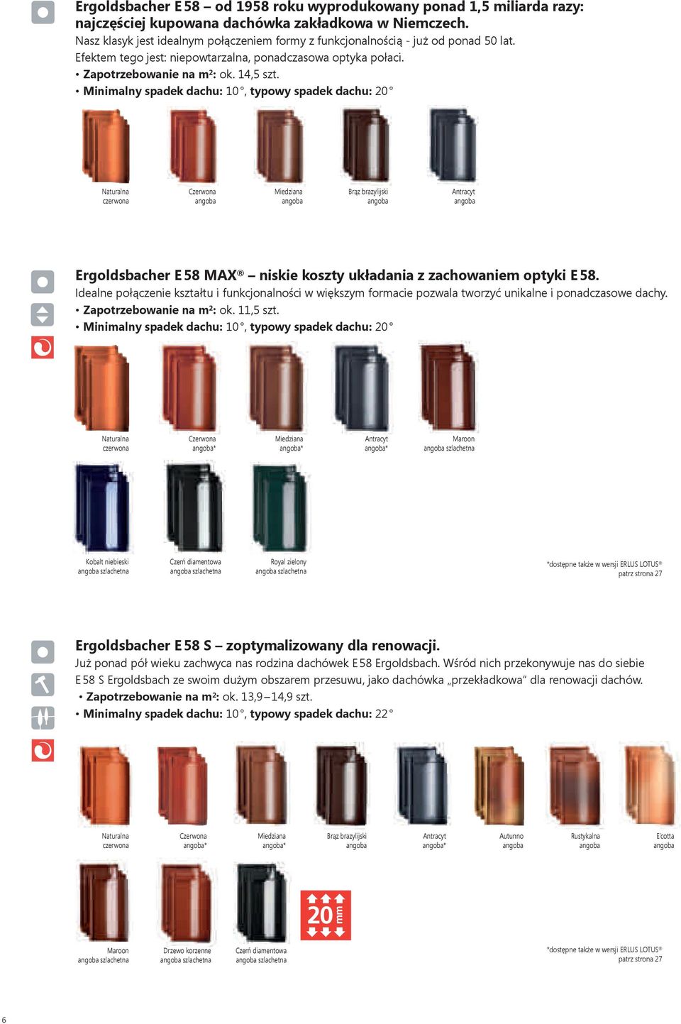 Minimalny spadek dachu: 10, typowy spadek dachu: 20 Brąz brazylijski E 58 MAX niskie koszty układania z zachowaniem optyki E 58.