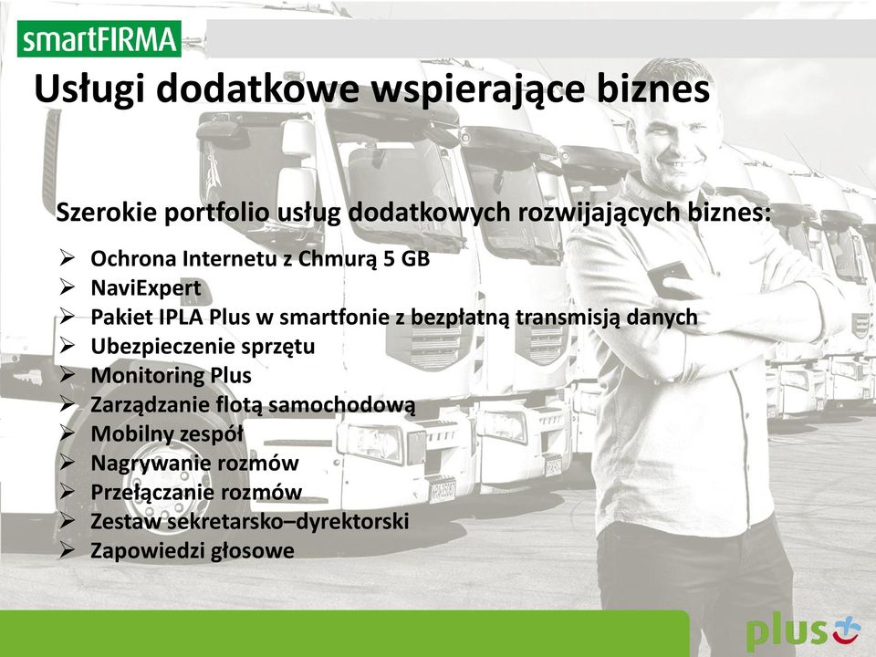 bezpłatną transmisją danych Ubezpieczenie sprzętu Monitoring Plus Zarządzanie flotą