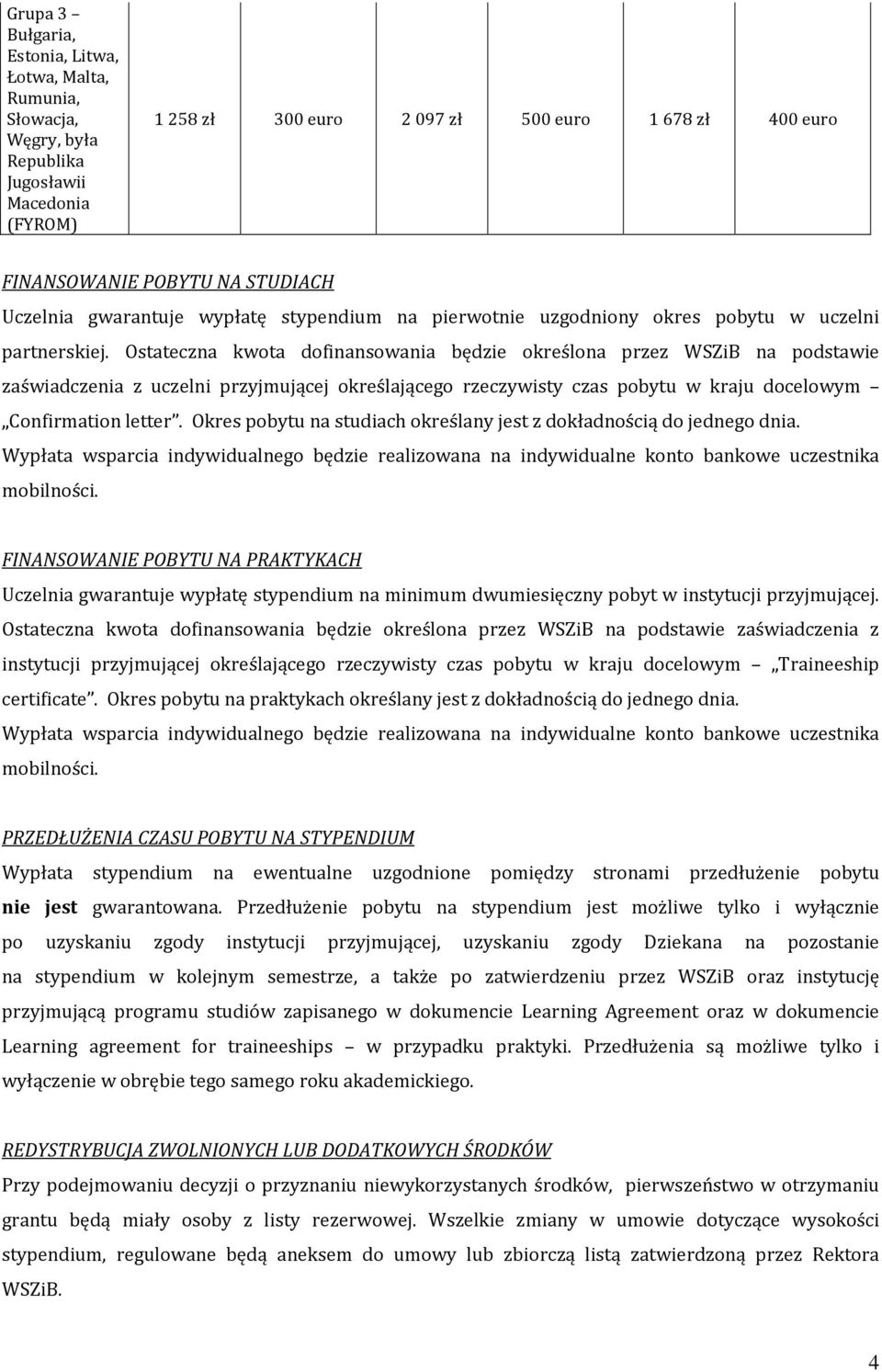 Ostateczna kwota dofinansowania będzie określona przez WSZiB na podstawie zaświadczenia z uczelni przyjmującej określającego rzeczywisty czas pobytu w kraju docelowym Confirmation letter.