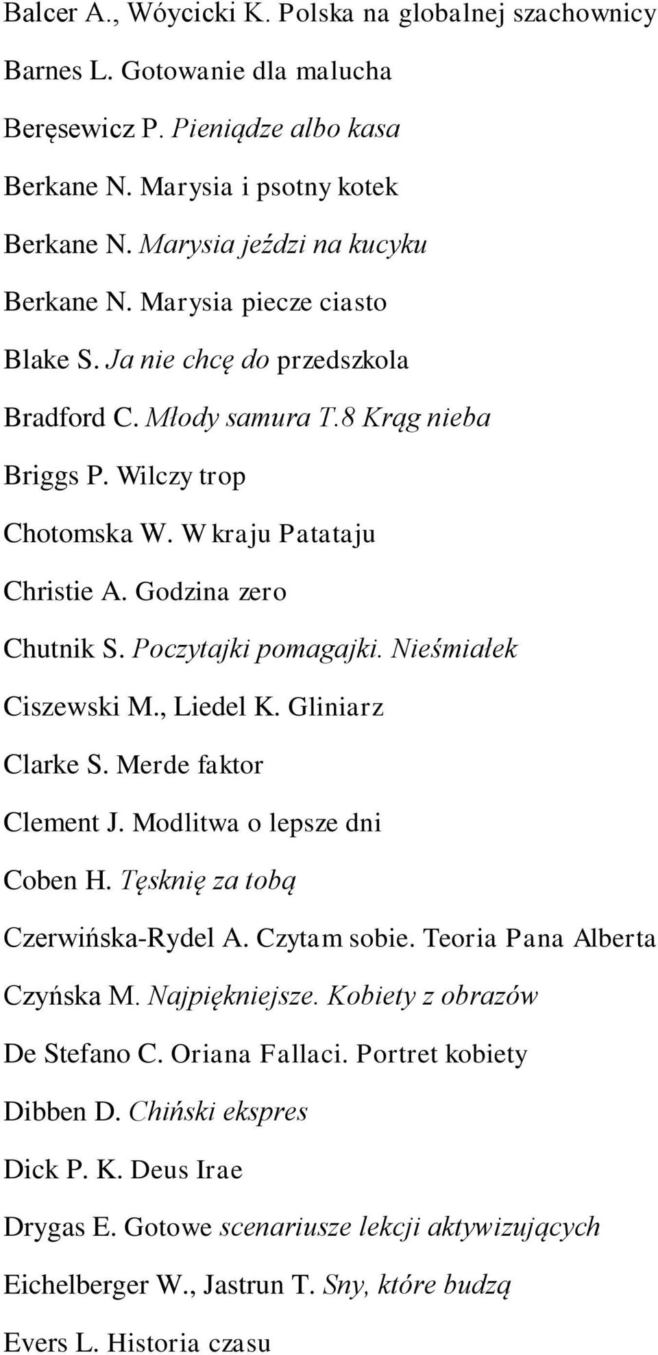 Godzina zero Chutnik S. Poczytajki pomagajki. Nieśmiałek Ciszewski M., Liedel K. Gliniarz Clarke S. Merde faktor Clement J. Modlitwa o lepsze dni Coben H. Tęsknię za tobą Czerwińska-Rydel A.