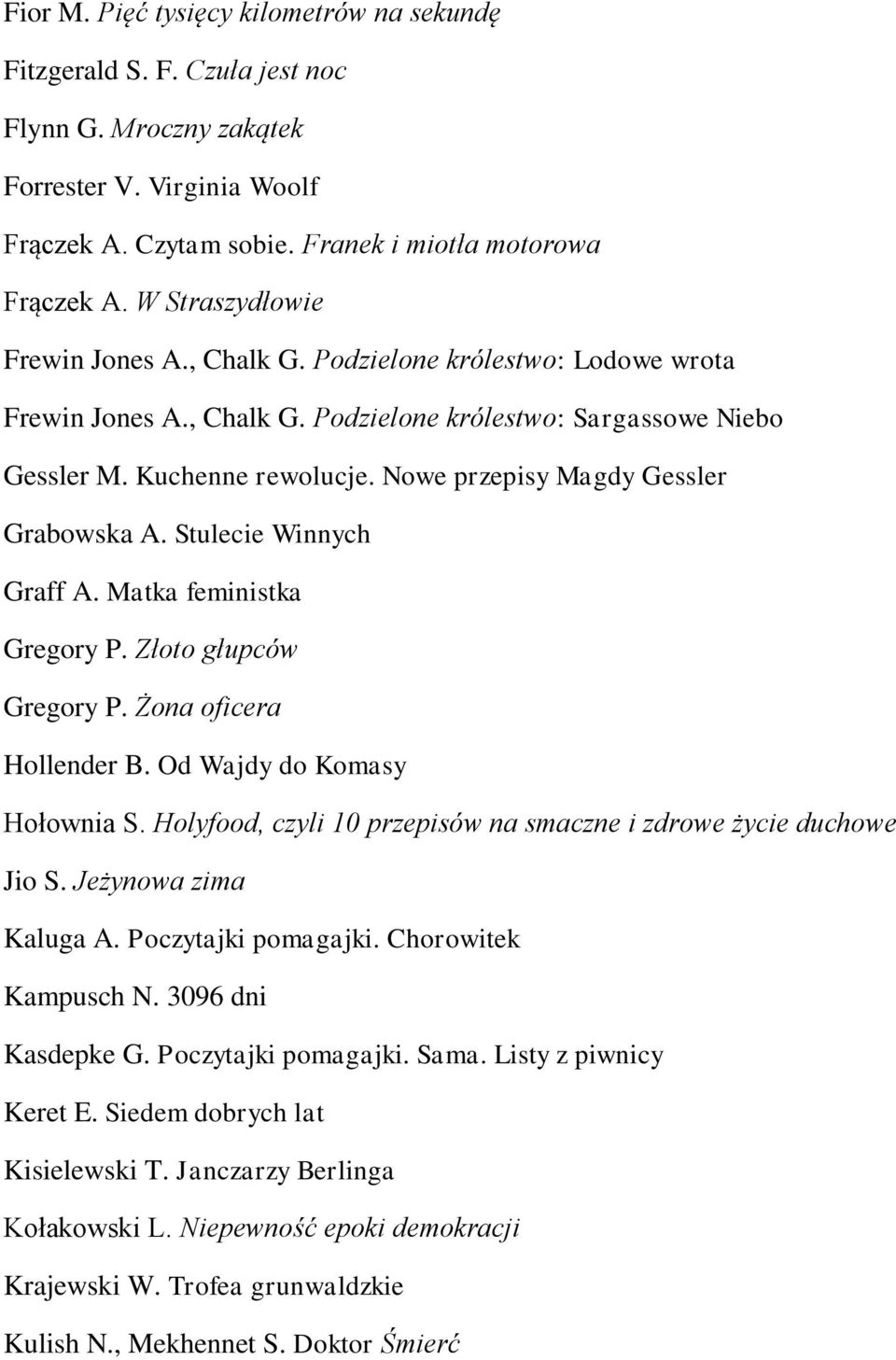 Nowe przepisy Magdy Gessler Grabowska A. Stulecie Winnych Graff A. Matka feministka Gregory P. Złoto głupców Gregory P. Żona oficera Hollender B. Od Wajdy do Komasy Hołownia S.