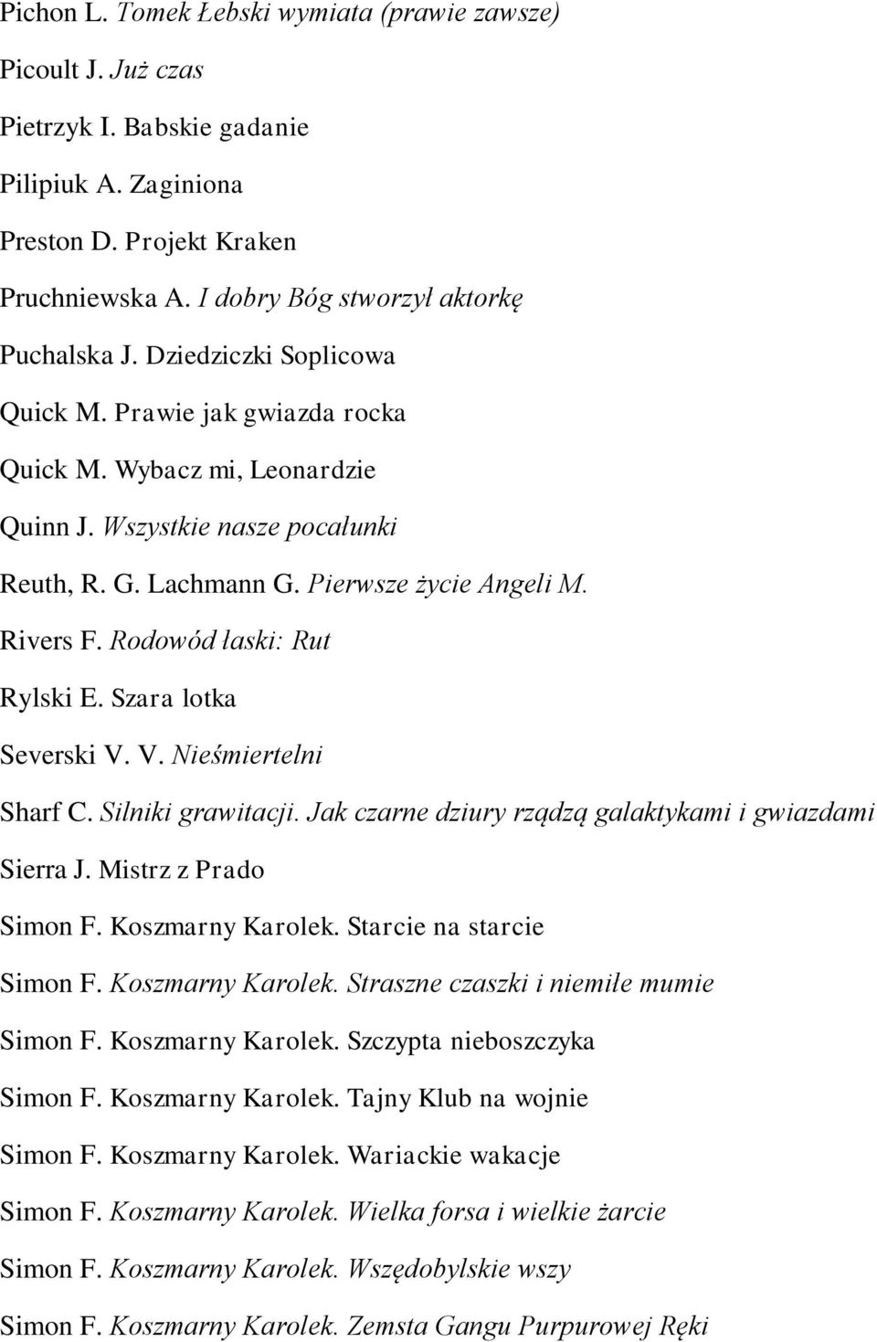 Rodowód łaski: Rut Rylski E. Szara lotka Severski V. V. Nieśmiertelni Sharf C. Silniki grawitacji. Jak czarne dziury rządzą galaktykami i gwiazdami Sierra J. Mistrz z Prado Simon F. Koszmarny Karolek.