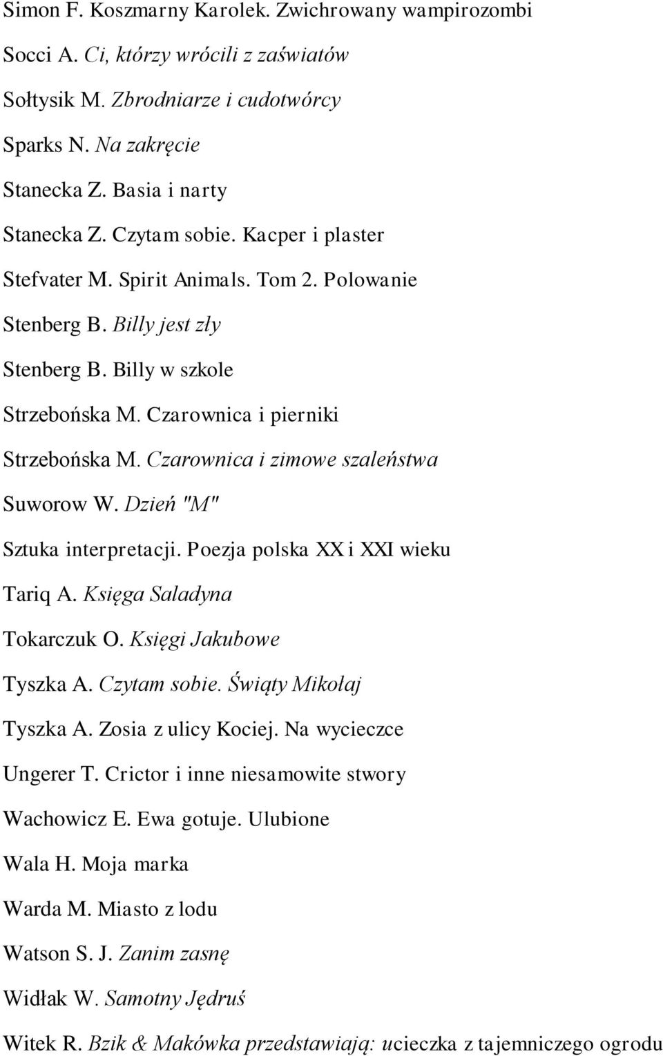 Czarownica i zimowe szaleństwa Suworow W. Dzień "M" Sztuka interpretacji. Poezja polska XX i XXI wieku Tariq A. Księga Saladyna Tokarczuk O. Księgi Jakubowe Tyszka A. Czytam sobie.