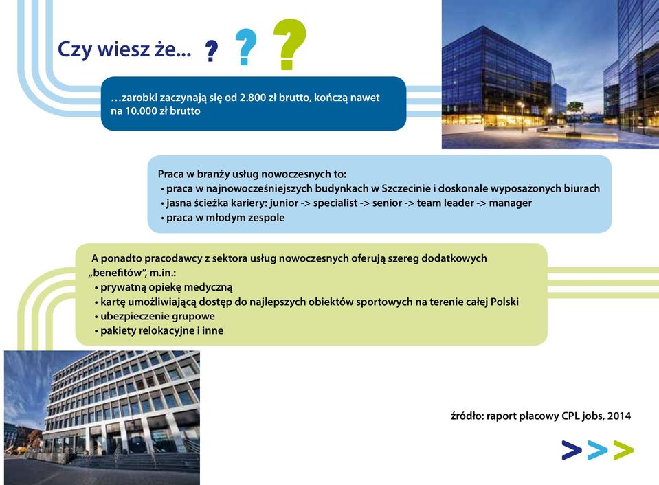 kariery: junior -> specialist -> senior -> team leader -> manager praca w młodym zespole A ponadto pracodawcy z sektora usług nowoczesnych oferują